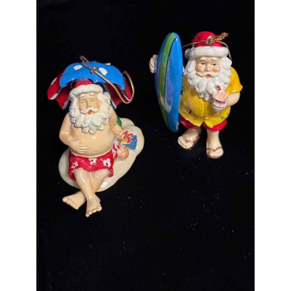 Vintage set of  2 Santa , Christmas  ornaments Tropical Beach Theme, 2.5” - 3.5”